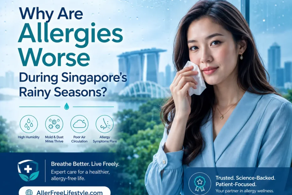 Woman experiencing allergies during Singapore’s rainy season and humid weather