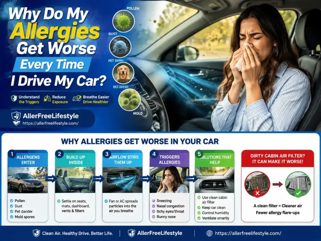 Woman sneezing while driving due to car allergy triggers such as pollen, dust, pet dander and air conditioning