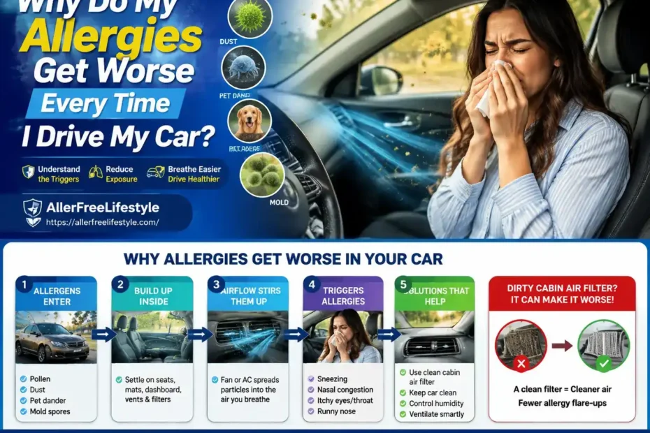 Woman sneezing while driving due to car allergy triggers such as pollen, dust, pet dander and air conditioning