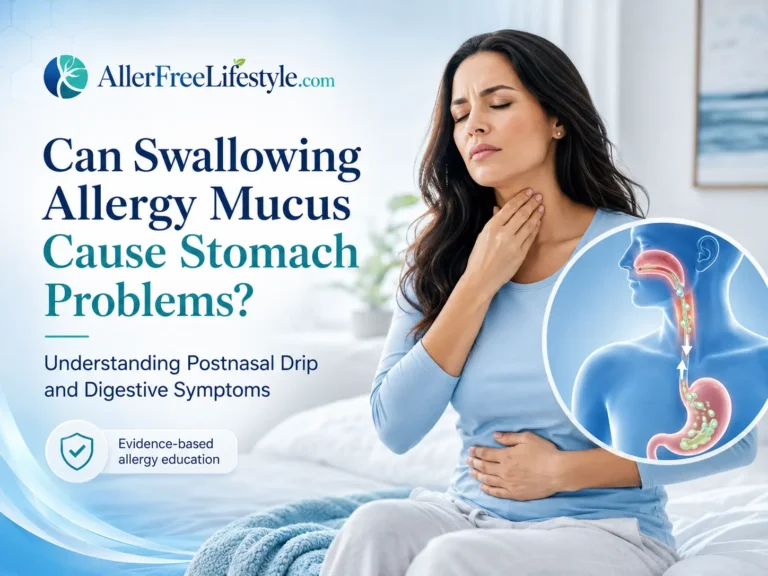 Woman with postnasal drip and stomach discomfort during an allergy flare-up