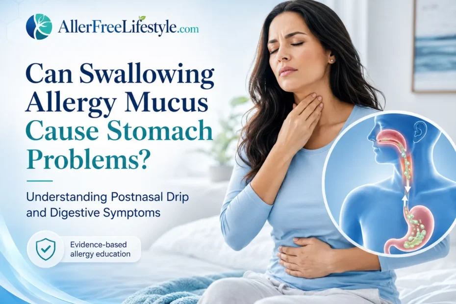 Woman with postnasal drip and stomach discomfort during an allergy flare-up