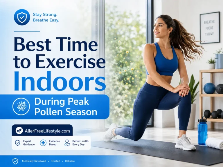 Woman exercising indoors during peak pollen season in a filtered home gym