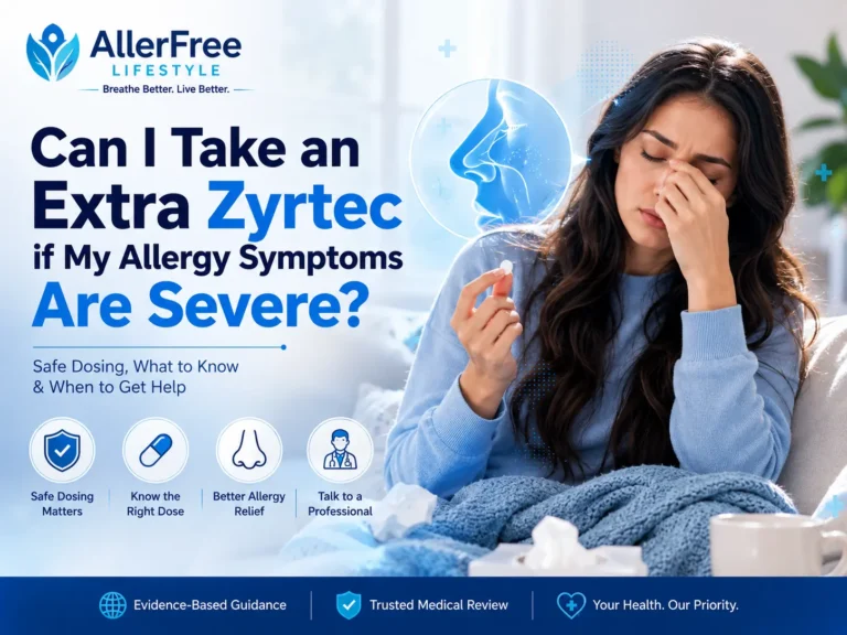Woman with severe allergy symptoms considering an extra Zyrtec cetirizine tablet