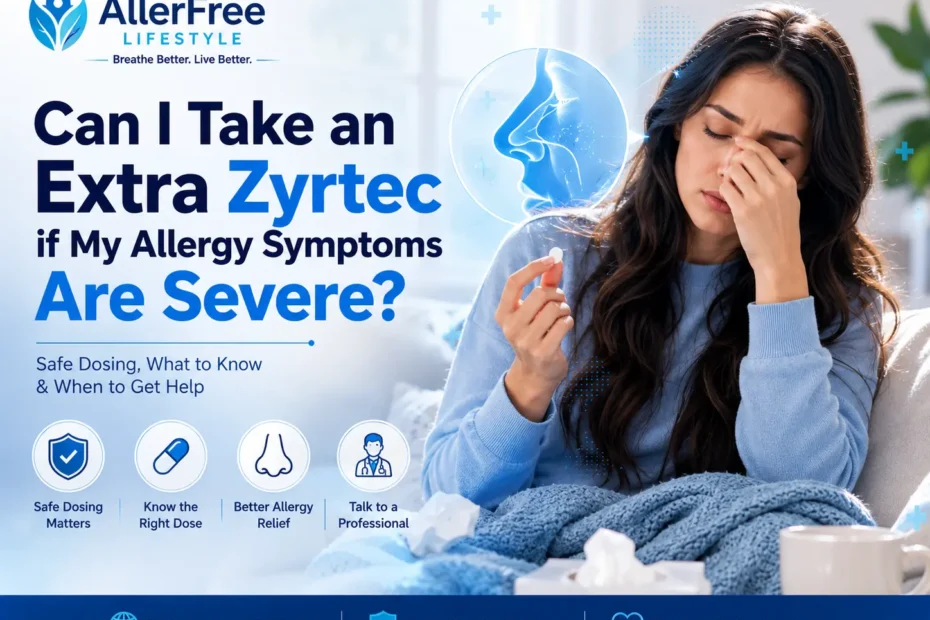 Woman with severe allergy symptoms considering an extra Zyrtec cetirizine tablet