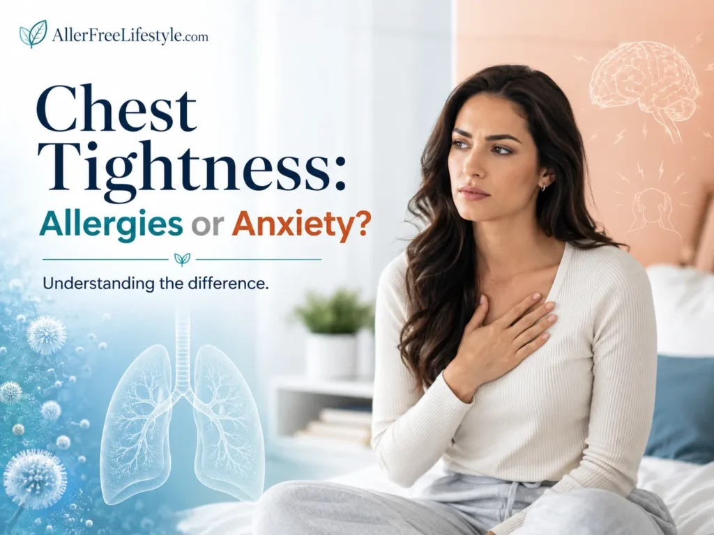 Woman experiencing chest tightness while comparing allergy and anxiety causes