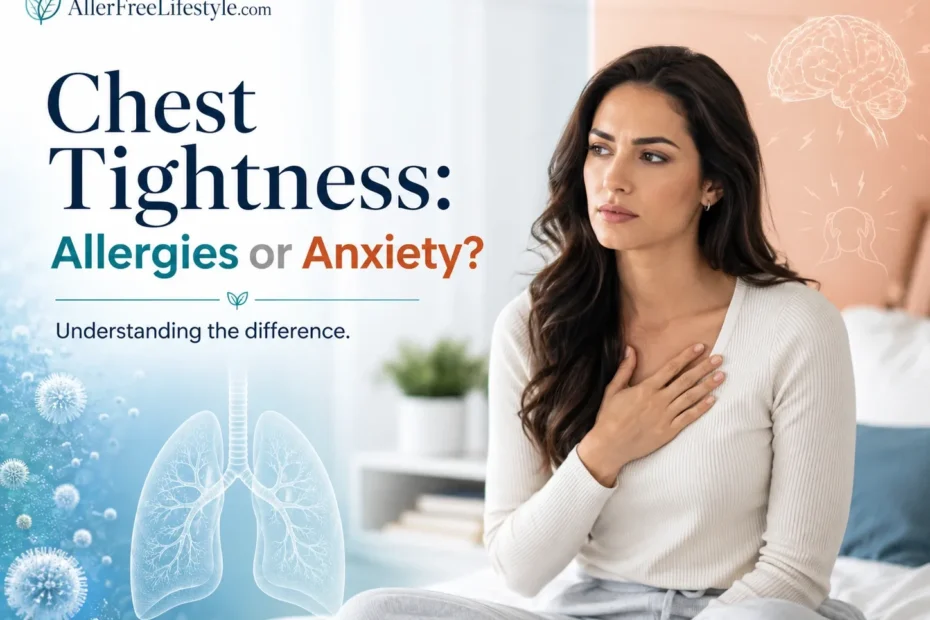 Woman experiencing chest tightness while comparing allergy and anxiety causes