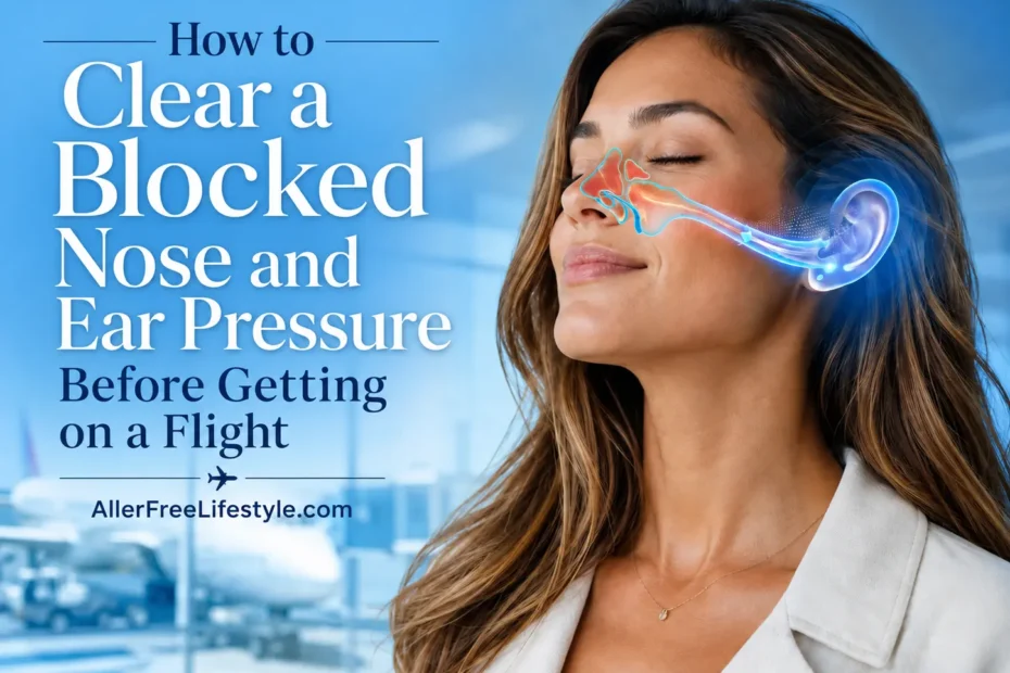 Woman with blocked nose and ear pressure before flying, showing the Eustachian tube and sinus pressure pathway