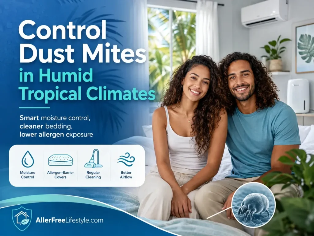 Curly-haired couple in tropical home showing dust mite control in high humidity