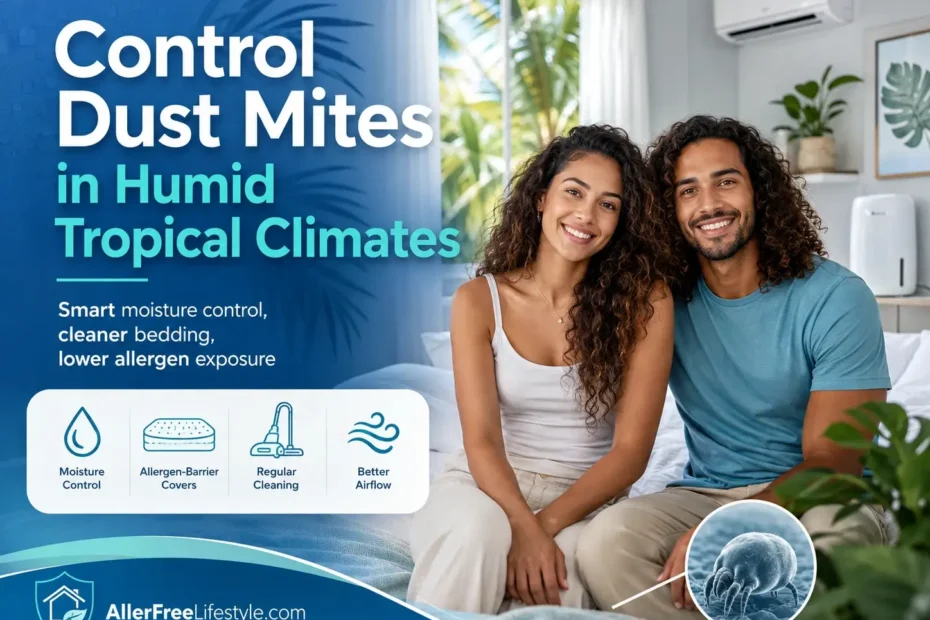 Curly-haired couple in tropical home showing dust mite control in high humidity