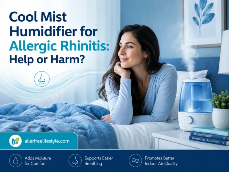 Cool mist humidifier for allergic rhinitis with woman in bedroom and humidifier supporting nasal comfort