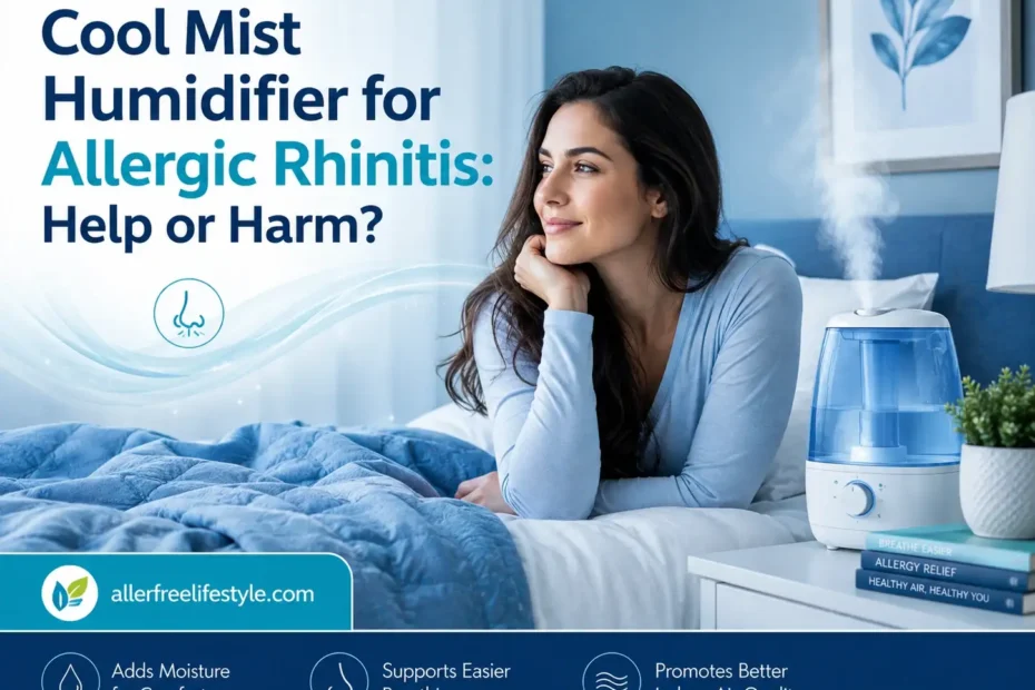 Cool mist humidifier for allergic rhinitis with woman in bedroom and humidifier supporting nasal comfort