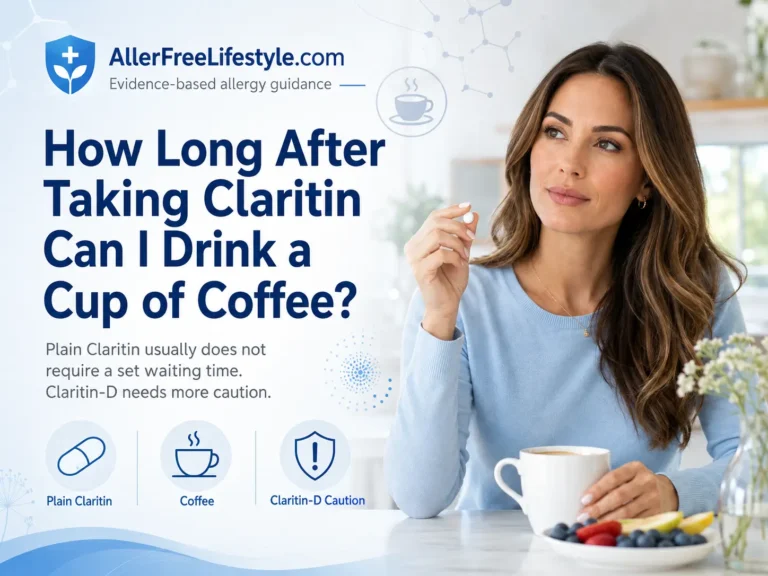 Woman taking Claritin while drinking coffee and learning about loratadine caffeine safety