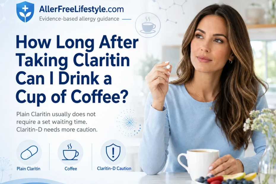 Woman taking Claritin while drinking coffee and learning about loratadine caffeine safety