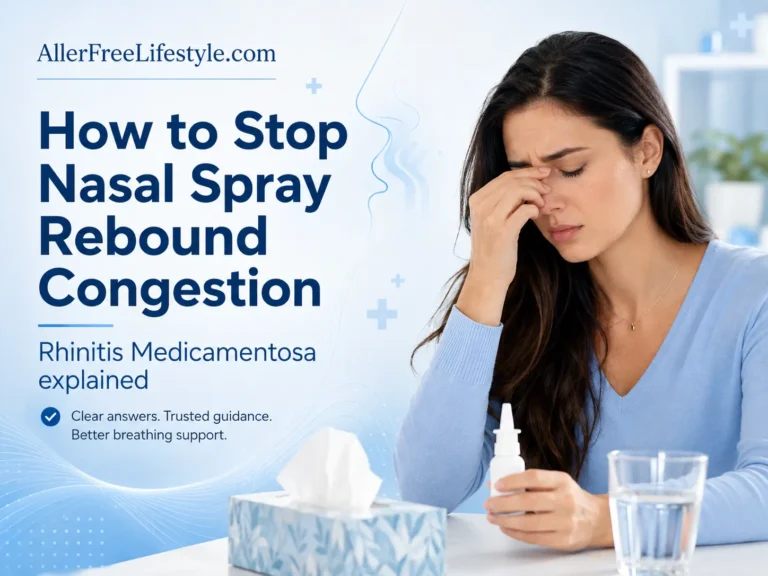 Woman with nasal congestion holding decongestant spray while managing rebound congestion