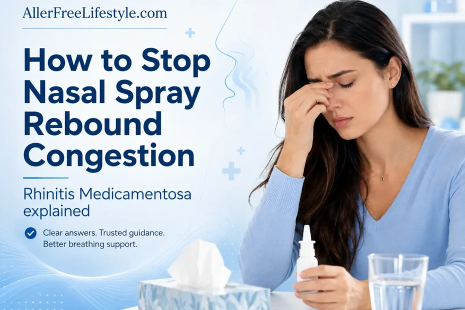 Woman with nasal congestion holding decongestant spray while managing rebound congestion