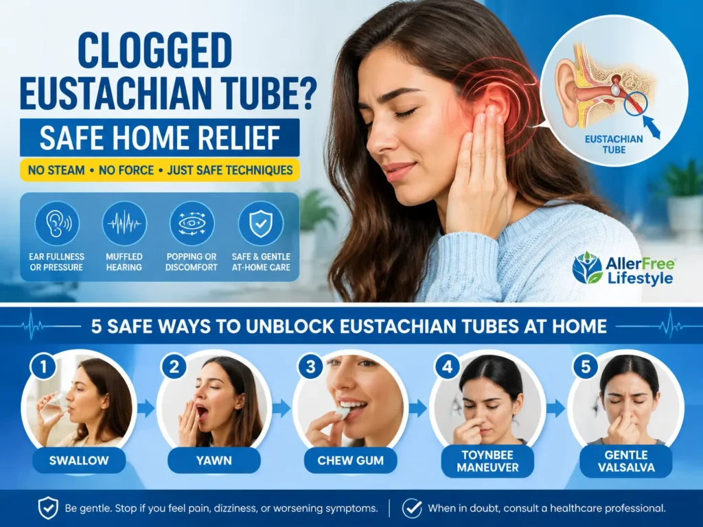 Woman experiencing clogged Eustachian tube pressure with safe home relief methods illustration