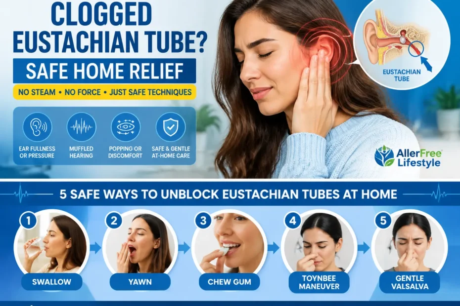 Woman experiencing clogged Eustachian tube pressure with safe home relief methods illustration
