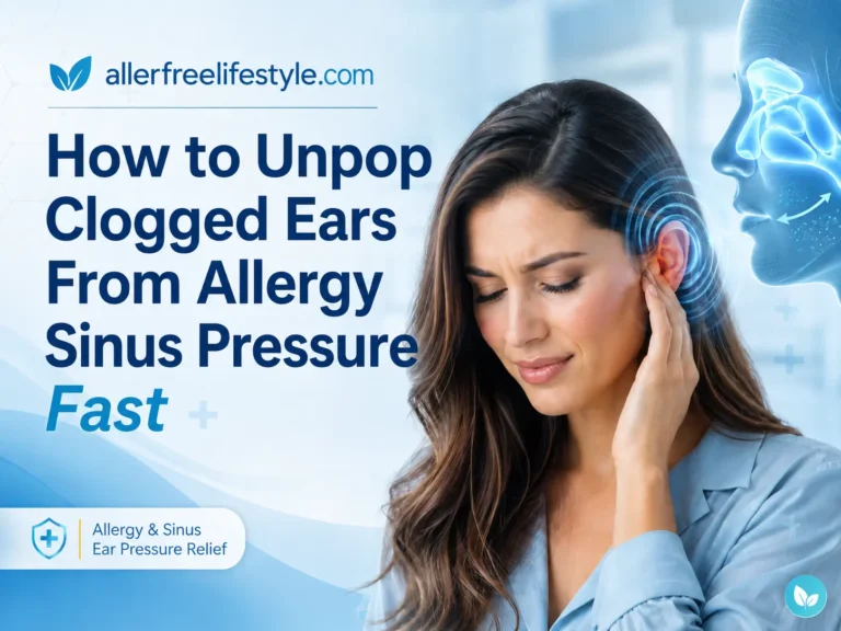 Woman with clogged ear from allergy sinus pressure with AllerFreeLifestyle article title