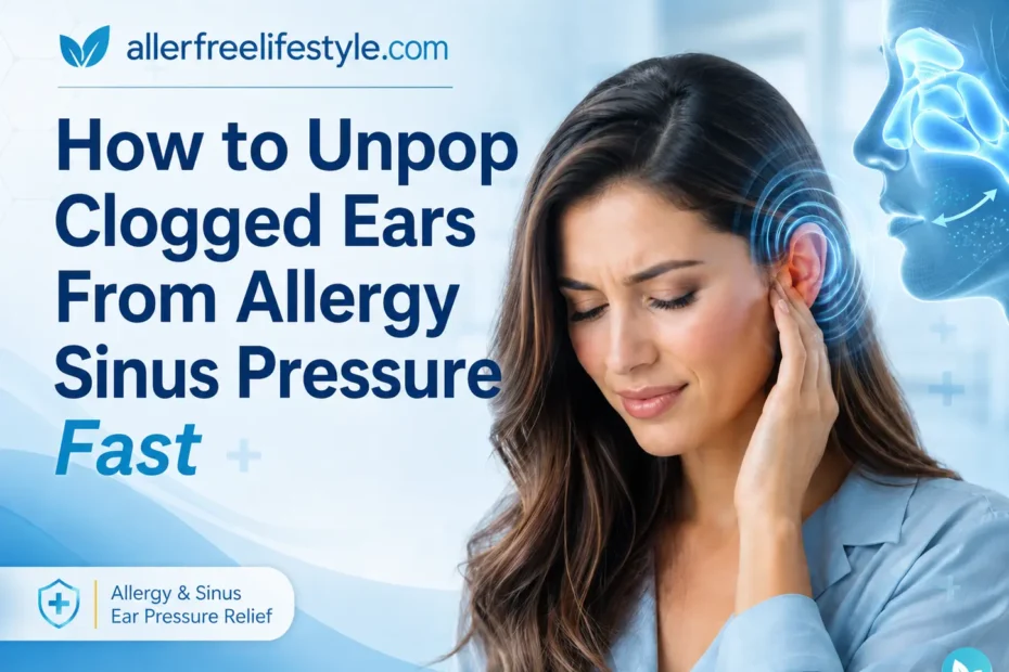 Woman with clogged ear from allergy sinus pressure with AllerFreeLifestyle article title