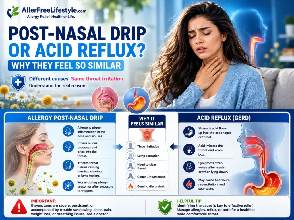 Woman with throat irritation comparing allergy post-nasal drip and acid reflux symptoms