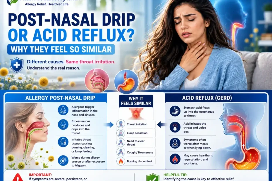 Woman with throat irritation comparing allergy post-nasal drip and acid reflux symptoms
