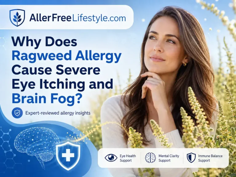 Woman outdoors during ragweed season with allergy eye itching and brain fog