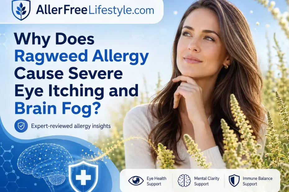 Woman outdoors during ragweed season with allergy eye itching and brain fog