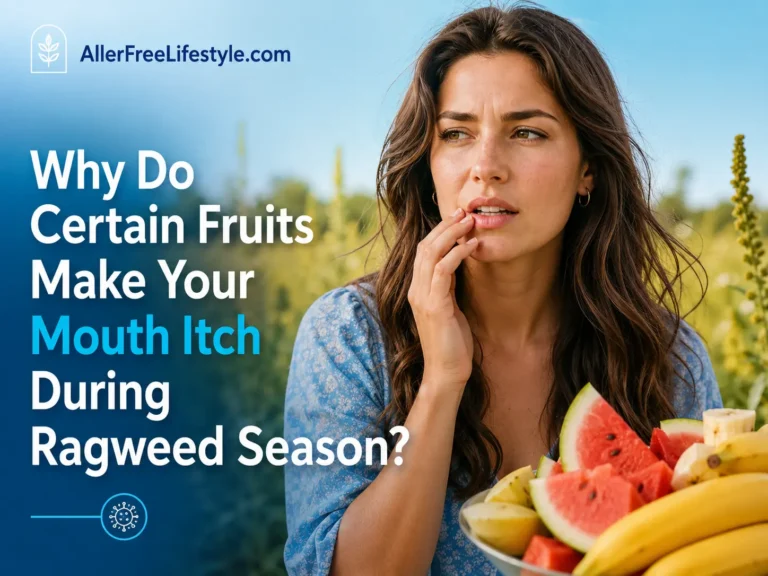 Woman with itchy mouth near watermelon and banana during ragweed season