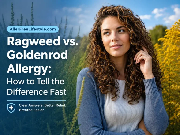 Woman between ragweed and goldenrod plants during fall allergy season