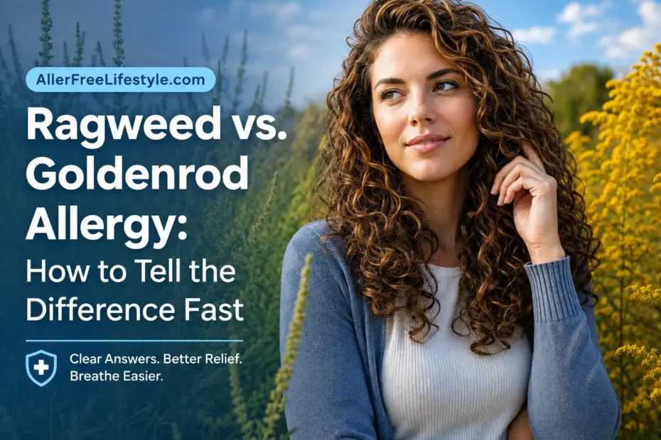 Woman between ragweed and goldenrod plants during fall allergy season