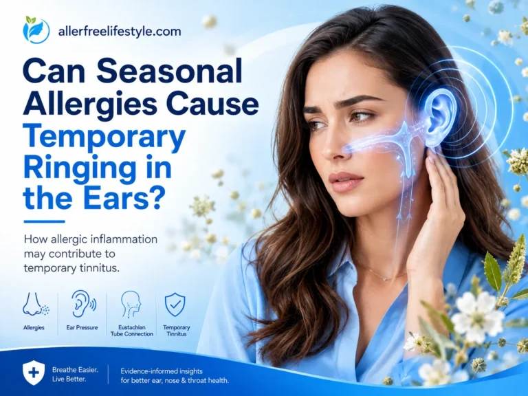 Woman experiencing ear ringing caused by possible seasonal allergy inflammation and tinnitus symptoms