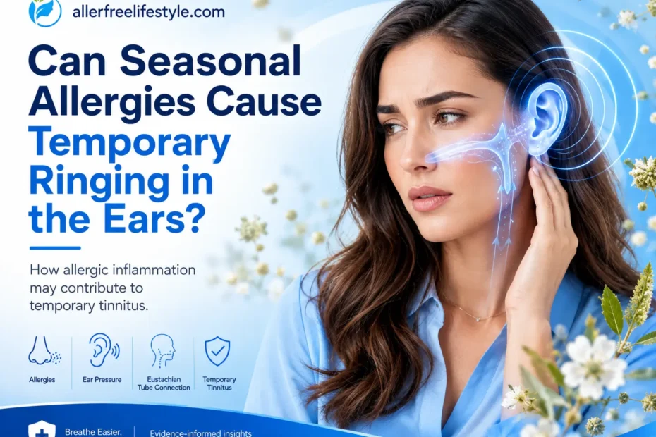 Woman experiencing ear ringing caused by possible seasonal allergy inflammation and tinnitus symptoms