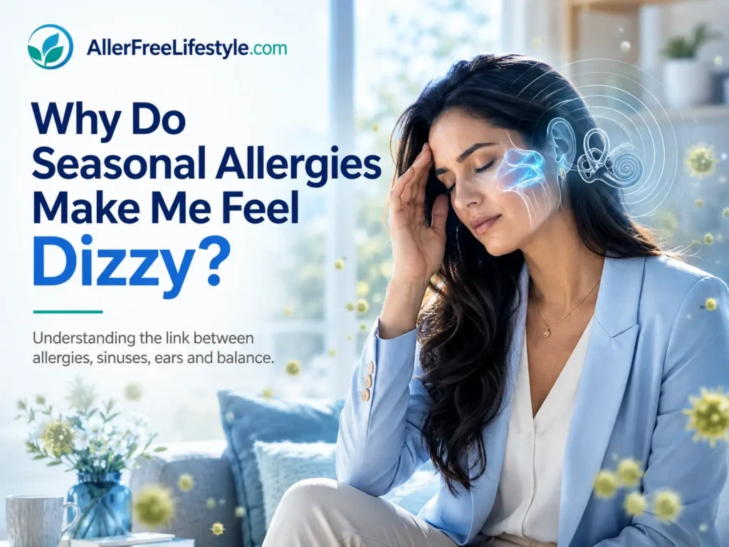 Woman feeling dizzy and lightheaded during a seasonal allergy flare-up