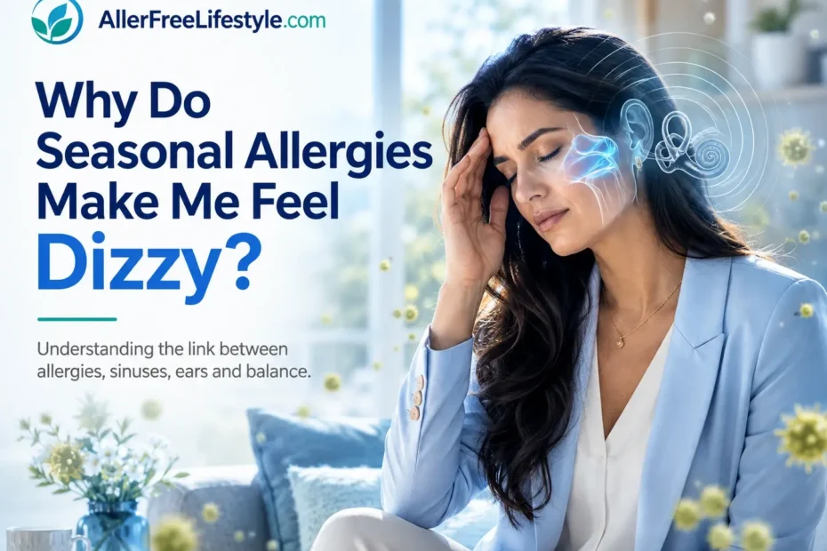 Woman feeling dizzy and lightheaded during a seasonal allergy flare-up