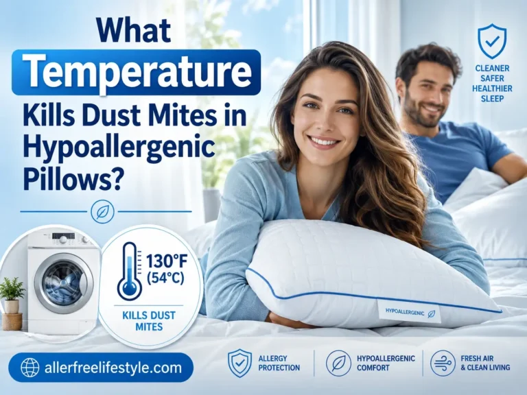 What temperature kills dust mites in hypoallergenic pillows with hot-water washing guidance?