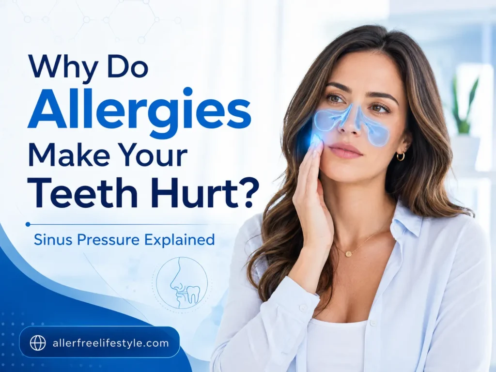 Woman with allergy-related sinus pressure causing upper tooth pain