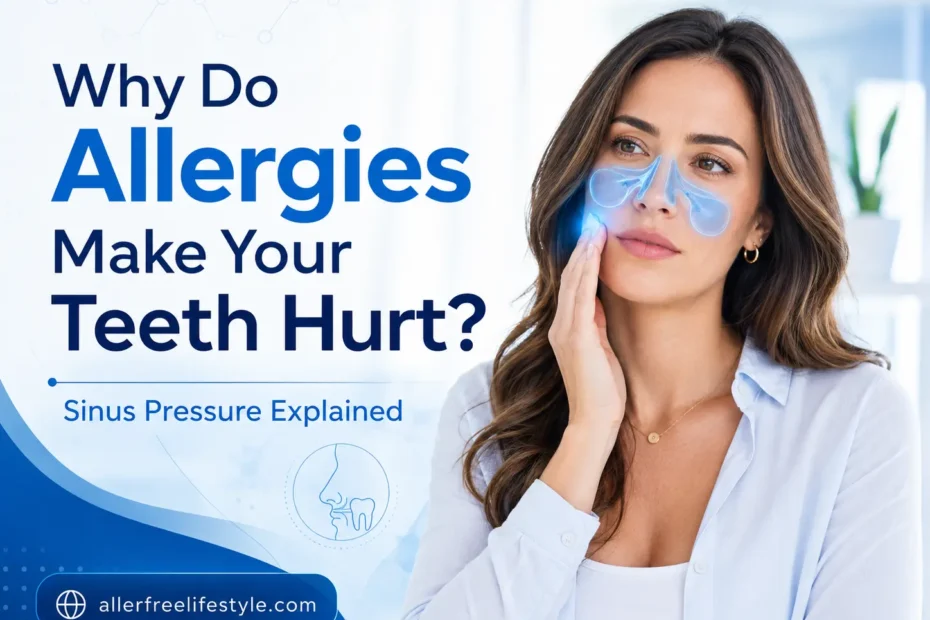 Woman with allergy-related sinus pressure causing upper tooth pain