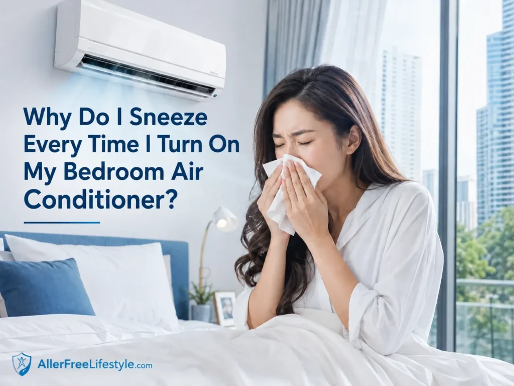 Woman sneezing after turning on bedroom air conditioner in a modern home
