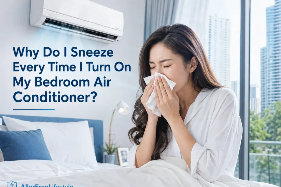 Woman sneezing after turning on bedroom air conditioner in a modern home