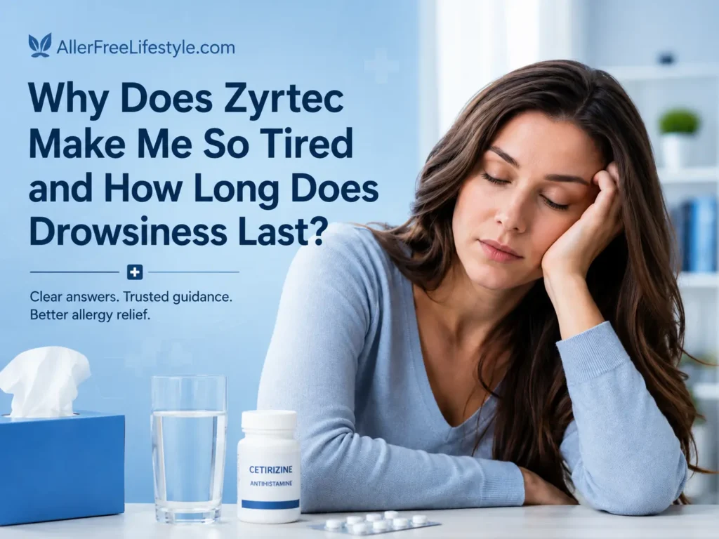Tired woman experiencing drowsiness after taking Zyrtec cetirizine for allergy symptoms