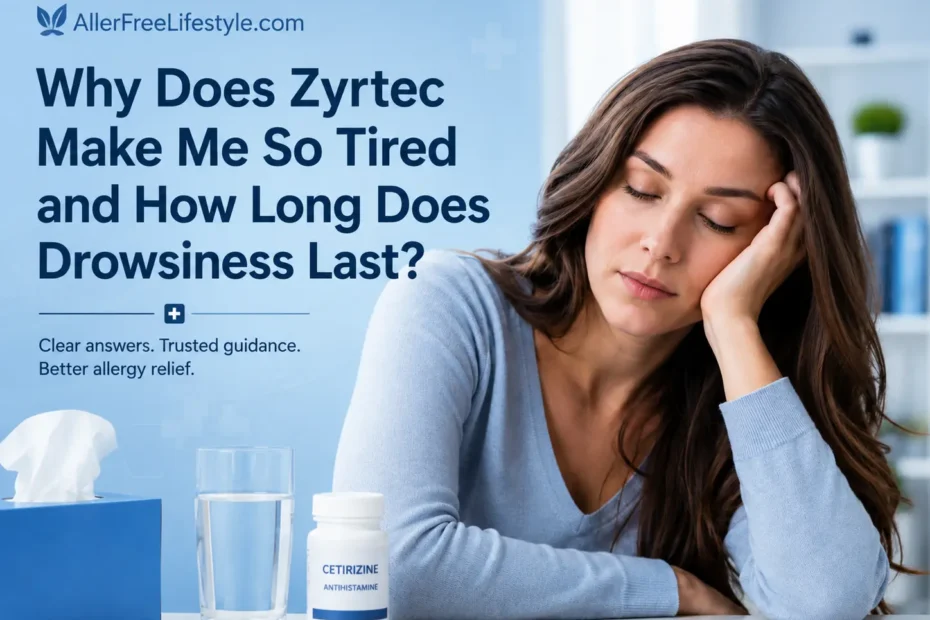 Tired woman experiencing drowsiness after taking Zyrtec cetirizine for allergy symptoms