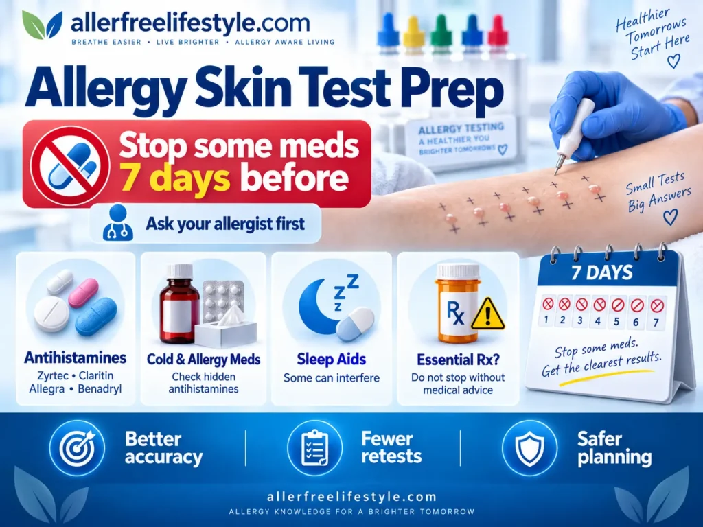 Infographic explaining allergy skin test preparation including antihistamines, cold medicines, sleep aids, and medications that may affect test accuracy