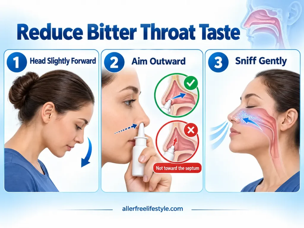 Three-step nasal spray technique with the head forward, nozzle aimed outward and gentle sniffing