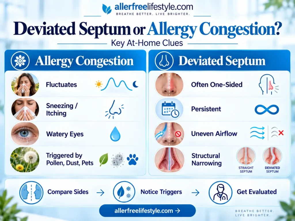 Infographic comparing allergy congestion and deviated septum symptoms including triggers, airflow changes, and nasal blockage patterns