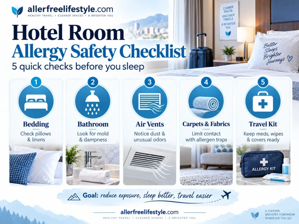 Hotel room allergy safety checklist infographic showing bedding, bathroom, air vents, carpets, and travel allergy kit checks