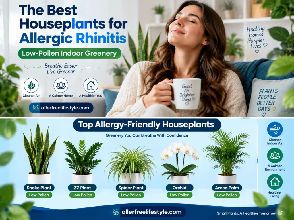 Infographic showing low-pollen houseplants including snake plant ZZ plant spider plant orchid and areca palm for allergy sensitive homes