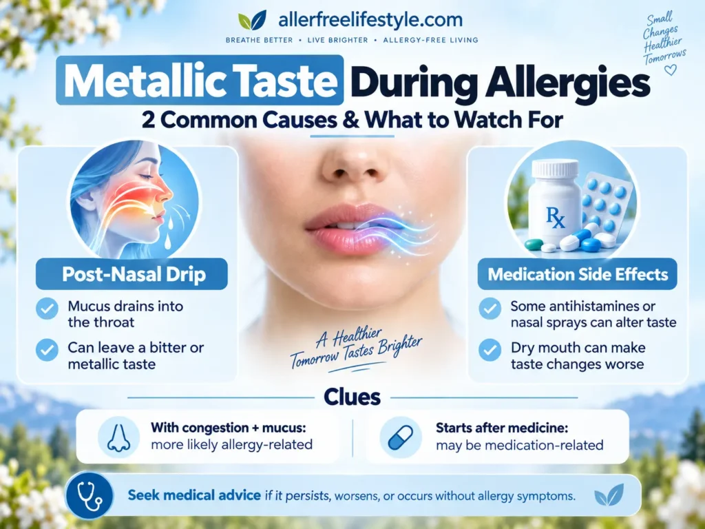 Medical infographic explaining how post-nasal drip and allergy medications can cause metallic taste