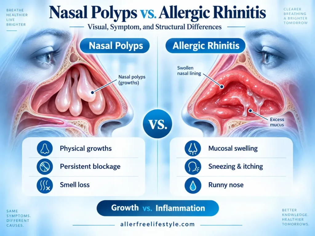 Infographic comparing nasal polyps and allergic rhinitis, showing physical growths versus mucosal swelling, smell loss, sneezing, itching, and runny nose