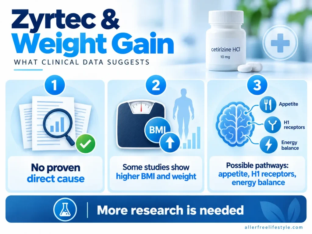 Infographic explaining Zyrtec and weight gain evidence including BMI studies, H1 antihistamine pathways, appetite regulation, and need for further research