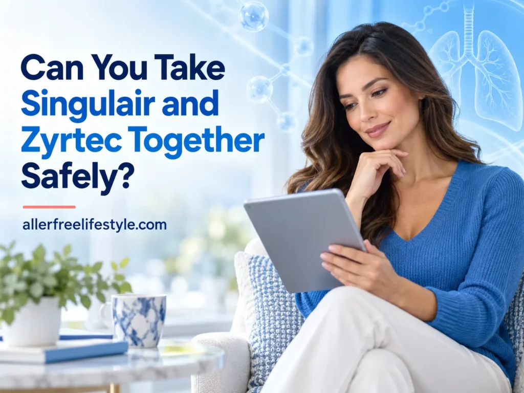 Woman researching whether Singulair and Zyrtec can be taken together safely